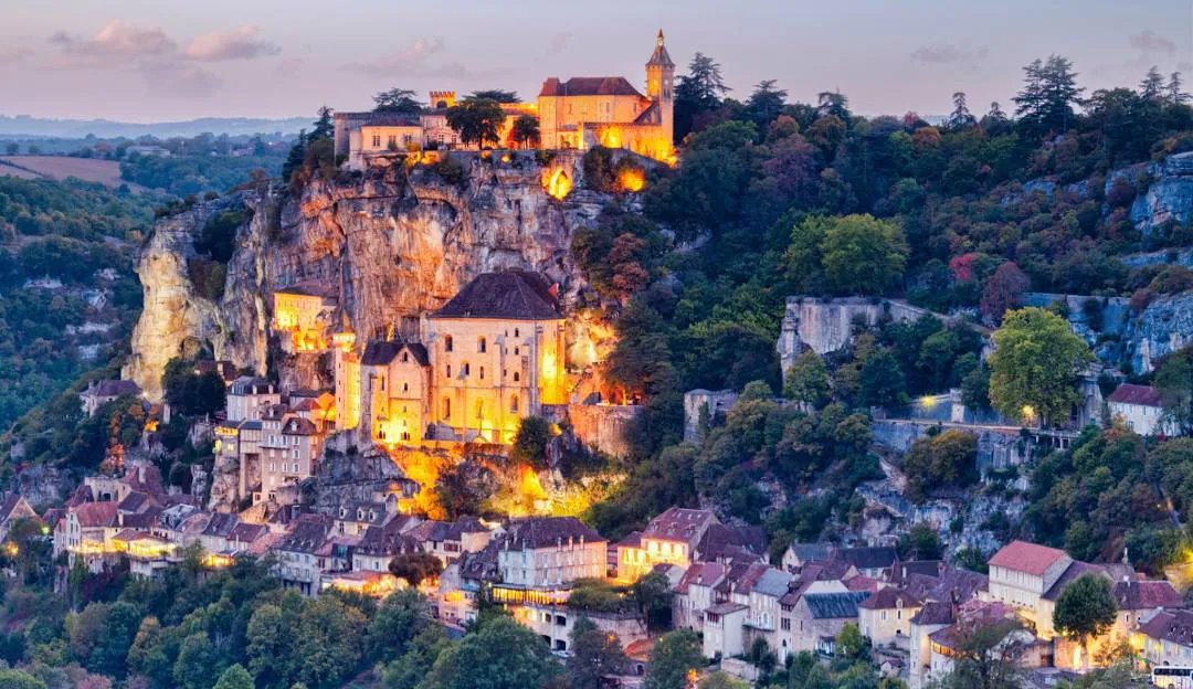 The clifftop sanctuary town of Rocamadour at dusk